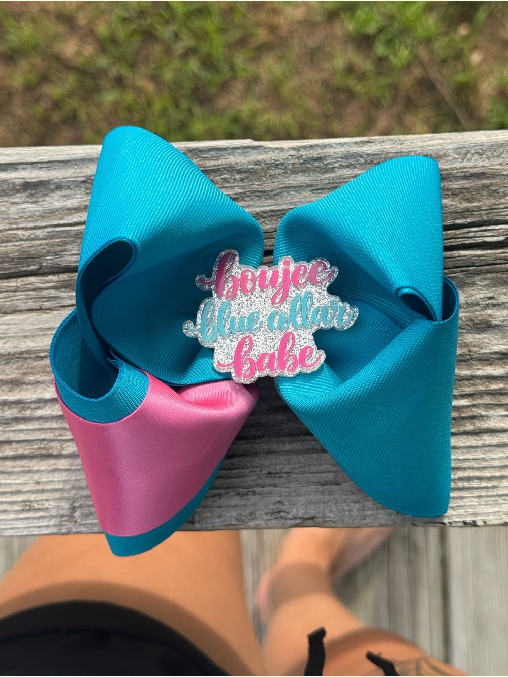 Teal and Pink Hair Bow with Glitter 'Boujee Blue Collar Babe'